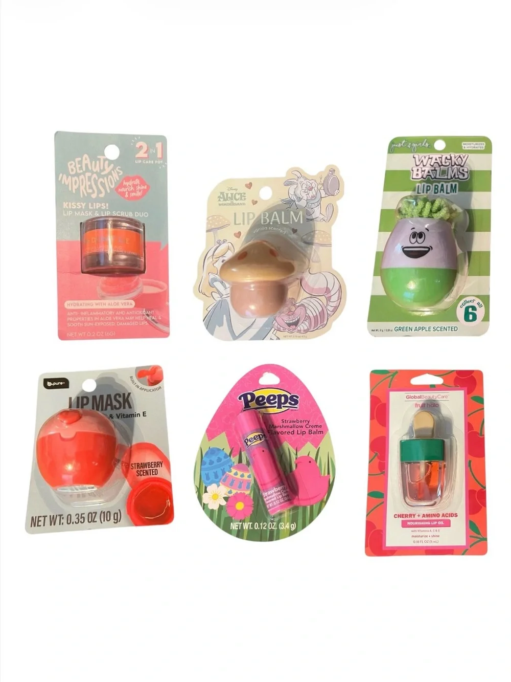 Bundle of 6 Lipgloss Balm Sugar Scrub Mask New Peeps Alice in Wonderland B Pure